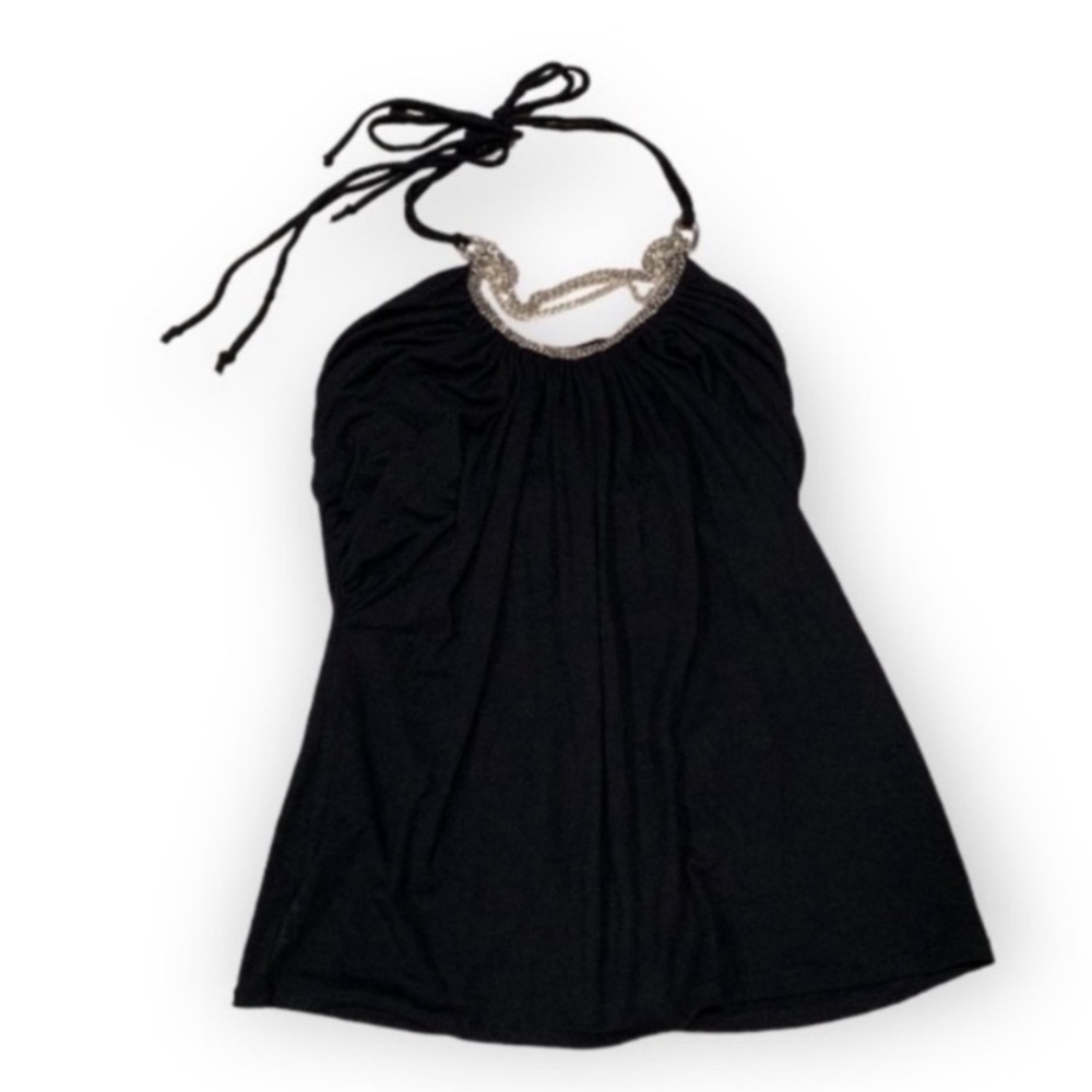 WHBM Black Halter Top with Chain Detail
